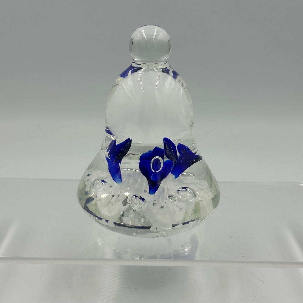 Joe Rice Signed Art Glass Paperweight Blue Floral Studio Glass Millefiori